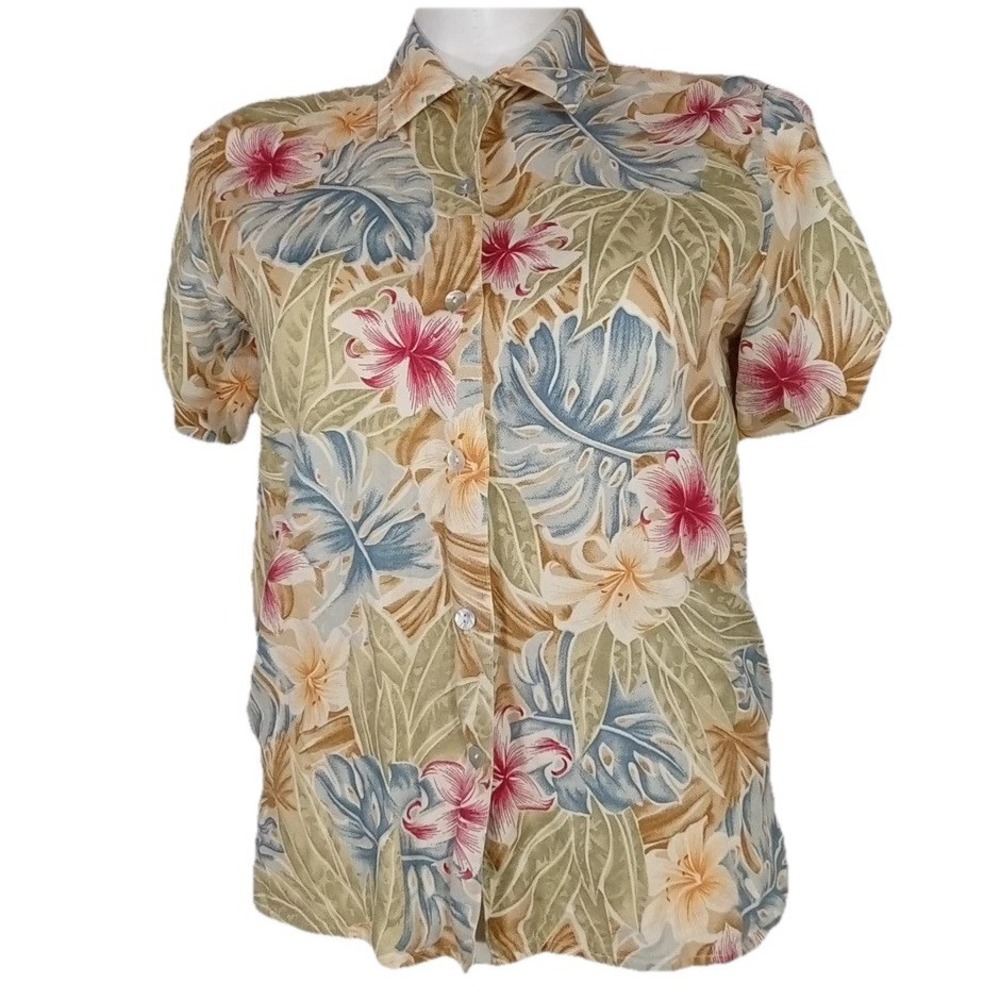LEMON GRASS Top MED Multicolor Hawaii Tropical Floral Linen Cotton Button Travel